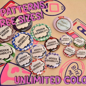25mm / 32mm / 44mm Hidden Disabilities bubble badge - Patterned equality / inclusive disabled badge three sizes