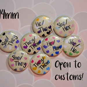 44mm Pronoun Flag Heart Badges - Pride, He She They Them Him Her, Trans, Asexual, Pansexual, Non Binary