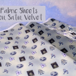 May include: A4 fabric sheets in linen, satin, and velvet featuring a repeating pattern of small robots, circular faces, and purple flowers on a light background. The text A4 Fabric Sheets Linen, Satin, Velvet is printed at the top of the image.
