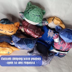 Op de afbeelding: Een verzameling aangepaste slapende kattenknuffels in verschillende kleuren, waaronder oranje, groen, blauw en bordeauxrood. Elke knuffel heeft gesloten ogen, wat op slaap duidt. De tekst op de afbeelding luidt: "Custom sleeping kitty plushies - open to any requests -."
