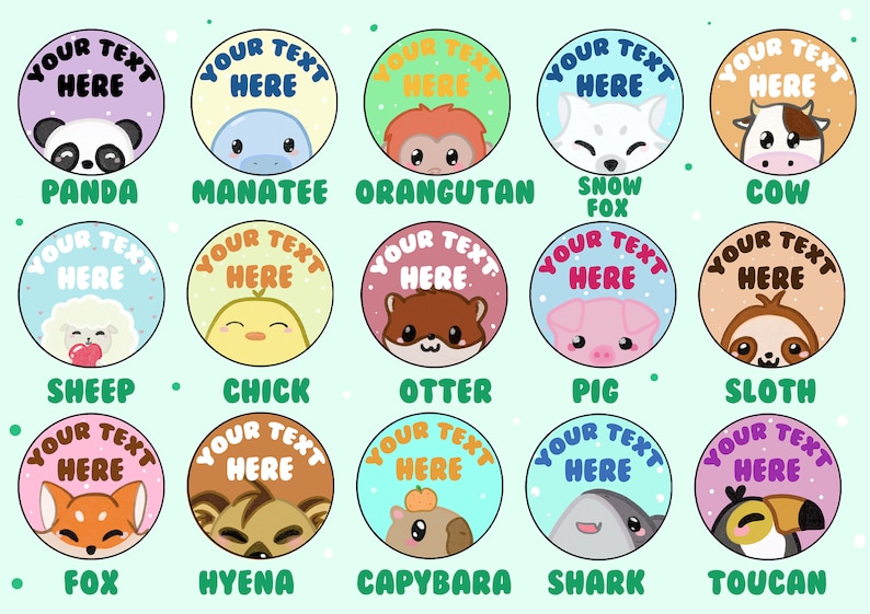 Peut inclure: Un ensemble de quinze autocollants circulaires illustrant des visages d'animaux de style dessin anim&eacute;, incluant panda, lamantin, orang-outan, renard polaire, vache, mouton, poussin, loutre, cochon, paresseux, renard, hy&egrave;ne, capybara, requin et toucan.