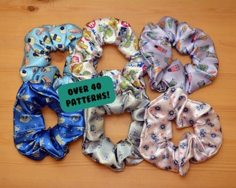 Mixed Fandom Scrunchies | Handmade Cute Satin Anime, Gaming & Food-Inspired Hair Accessories  fox, frogs, rats, boba, ghosts, octopus, retro