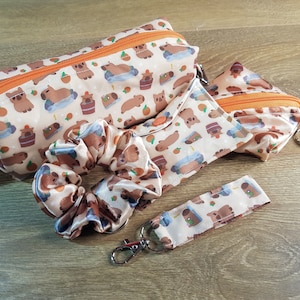Capybara Gift Bundle -  scrunchie, wallet, keyring, pencil case, pod, hair, cute, orange, hot springs, kawaii, cute, chibi