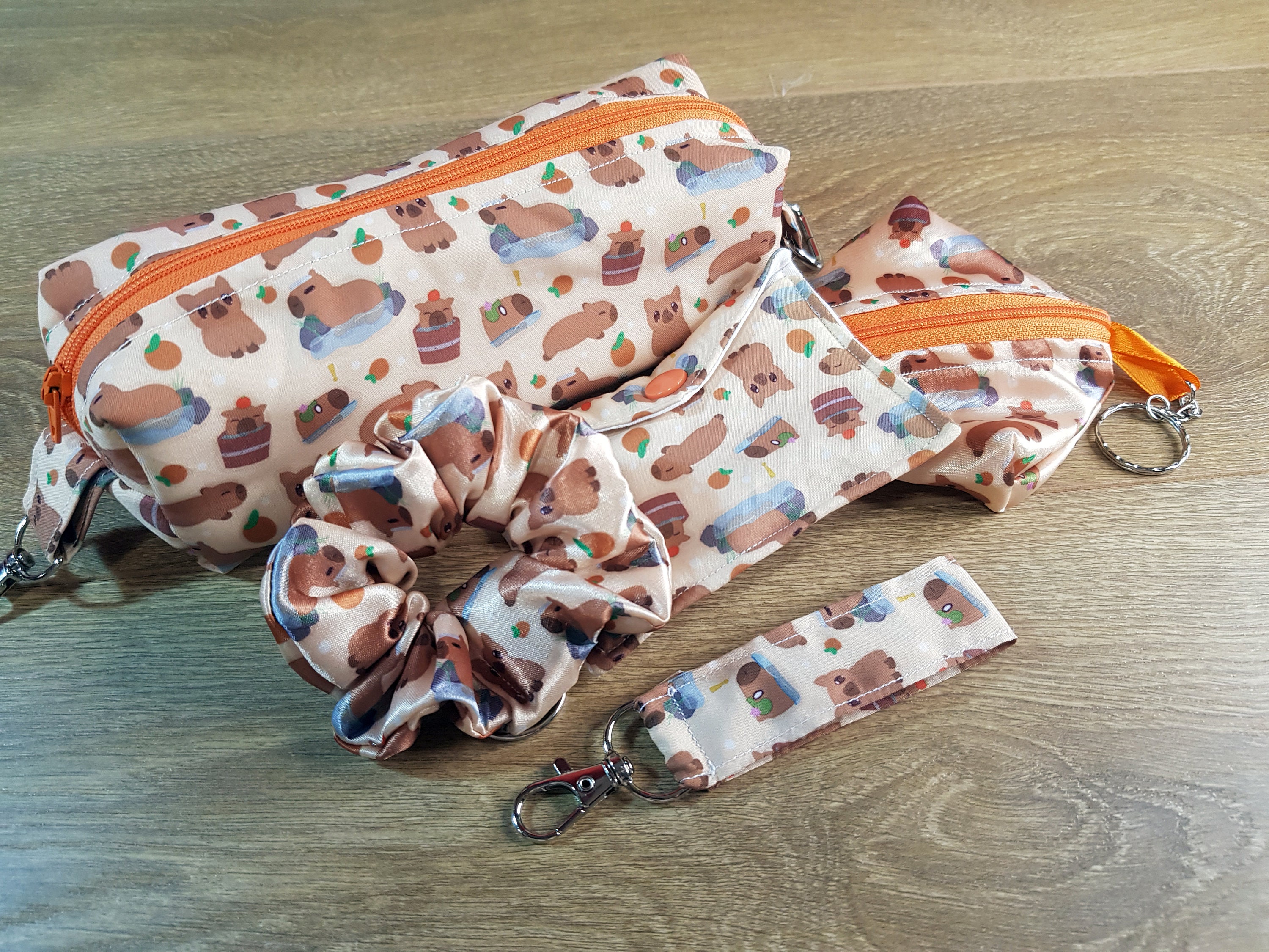 Capybara Gift Bundle -  scrunchie, wallet, keyring, pencil case, pod, hair, cute, orange, hot springs, kawaii, cute, chibi