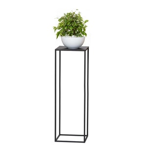 May include: A modern black metal plant stand with a square top and a tall, rectangular base. A white ceramic bowl filled with small white stones and a green and white leafy plant sits on top. The stand is a stylish way to display plants.