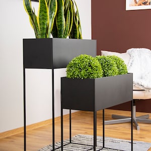 May include: Black metal plant stand with two rectangular planters. The top planter holds a green snake plant and the bottom planter holds two green ball-shaped plants. The stand is on a grey and white striped rug.