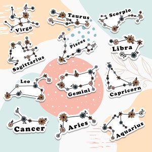 Paquete de pegatinas zodiac boho, paquete de pegatinas de astrología, paquete de pegatinas de pegatinas del planificador, arte del zodíaco, pegatina de botella de agua, paquete de pegatinas para portátiles del zodíaco