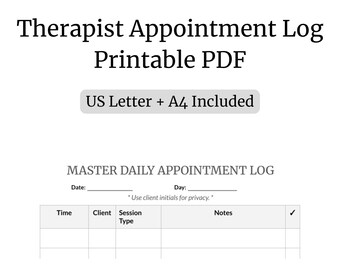 Utskrivbar tidsbokning för terapeuter, rådgivare och coacher, klientmöten, uppföljning och spårning av utebliven ankomst, direkt nedladdning i PDF-format