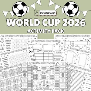 Pode incluir: Um pacote de atividades da Copa do Mundo 2026 com folhas imprimíveis em preto e branco com temas de futebol. A coleção inclui caça-palavras, tabelas de previsão de partidas, rastreadores de times e chaves de torneios com bolas de futebol.