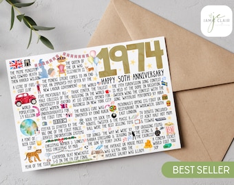 50th Anniversary Card | 1974 Anniversary Fact Card | Milestone Anniversary Card | Wedding Anniversary | Card for him | Card for her