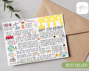 25th Birthday Card | 1999 Birthday Fact Card | Milestone Birthday Card | Year you were born | Card for him | Card for her