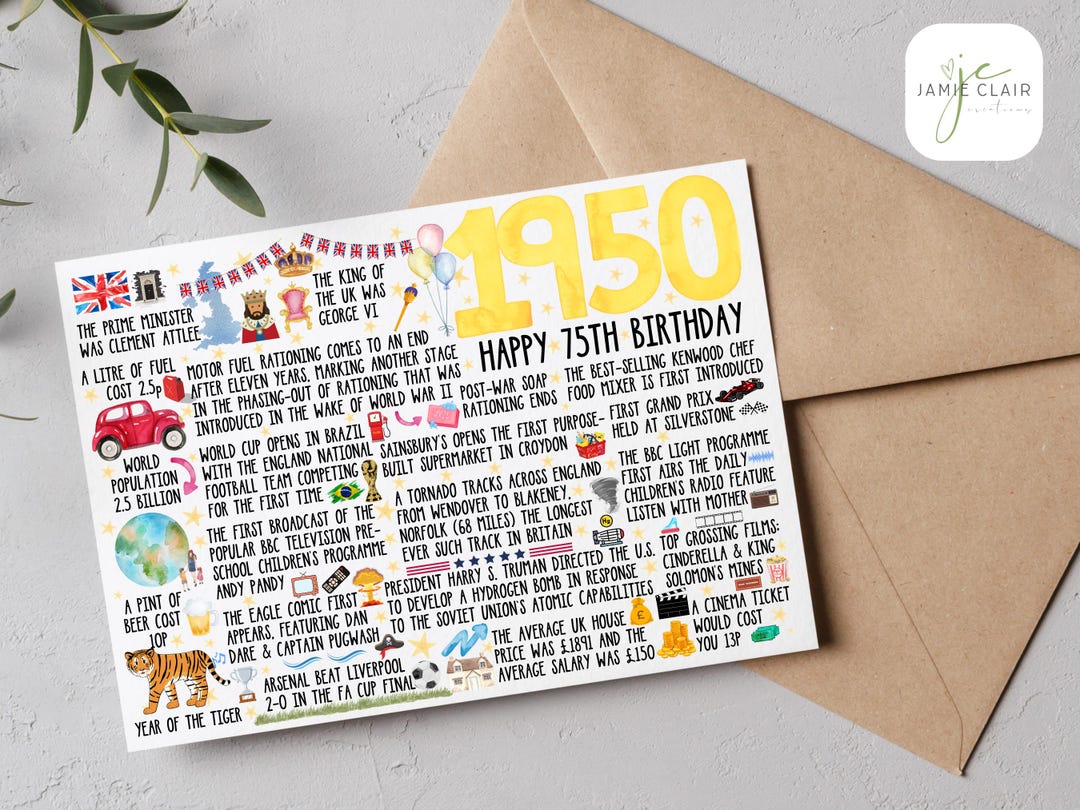 75th Birthday Card 1950 Fun Fact Card 75th Celebration Happy 75th 75th-birthday-card-1950-fun-fact-card-75th-celebration-happy-75th