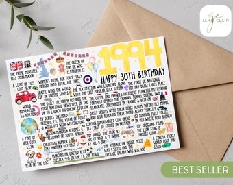 30th Birthday Card 1994 birthday Card facts, Birthday Card, 30th Birthday for her, 30th Birthday for him. year you were born card