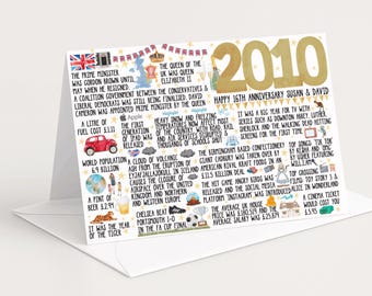 16th Anniversary Card | 2010 Fact Card Keepsake Personalised greeting card for them