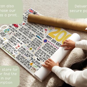 May include: A rolled-up poster with a 'Happy 18th Birthday' design, featuring facts and events from the year. The poster is on a light-colored surface, with text and illustrations in various colors. A brown cardboard tube is visible.