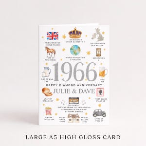May include: A white greeting card featuring the year 1966 in large silver font, surrounded by watercolour illustrations of a Union Jack, a crown, a map, a horse, a globe, an hourglass, a milk pitcher, a beer mug, bread, a cassette, a stamp, popcorn, a house, and a car.
