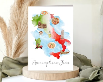 Personalised Watercolour Italy Map Birthday Card, Buon Compleanno,