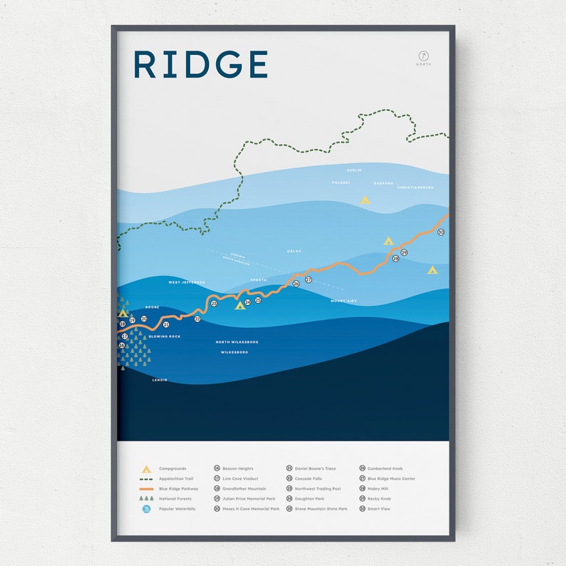 Blue Ridge Parkway Map Print Series Etsy