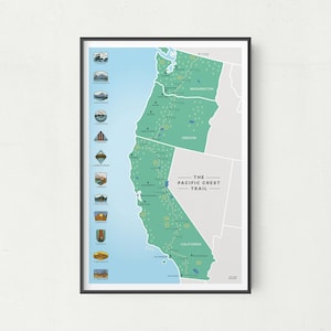 Pacific Crest Trail Map | PCT Hiking Trail Map | PCT Poster | Trail Map Art | National Park Map | PNW Art | Pacific Northwest Art