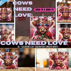 Exklusive Highland Cow Tumbler Wraps zum Valentinstag, 20 oz Sublimationsdesigns, hochwertige JPEG, digitaler Download|Nahtlose Designs