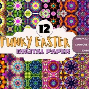 May include: Twelve digital papers featuring colorful, geometric patterns with a funky Easter theme. Each paper is 3600 pixels by 3600 pixels and 300 DPI.