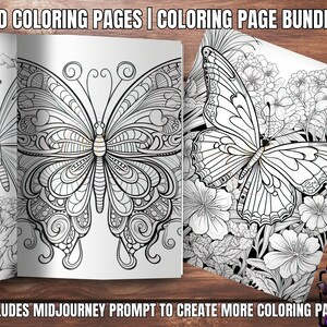Puede incluir: Un paquete de 30 páginas para colorear imprimibles con intrincados diseños de mariposas en blanco y negro. Las páginas incluyen una indicación de Midjourney para crear más páginas para colorear.