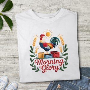 Rooster Morning Glory PNG, Farmhouse Faux Embroidery Sublimation Design, Rustic Country Kitchen Clipart, Barnyard Chicken Digital Download