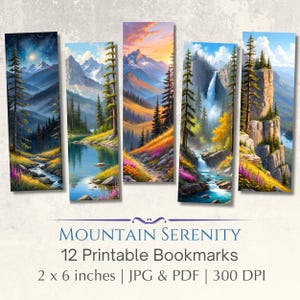 Mountain Serenity Printable Bookmarks, Set of 12, Beautiful Scenic Designs, Instant Download, Watercolor Landscapes, Picturesque Nature Art