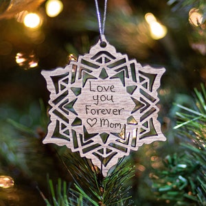 Personalized Handwriting Snowflake Christmas Ornament, Custom Walnut Snowflake, Personalized Wood Ornament with Handwriting, Memorial Gift