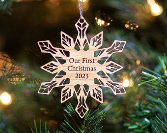 Custom Wood Snowflake Christmas Ornament, Rustic Wooden Snowflake, Personalized Cherry Ornament, Couples Ornament, Name Ornament