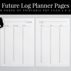 Puede incluir: Dos páginas de planificador blancas con texto y líneas negras. La parte superior dice Future Log Planner Pages. La página izquierda enumera enero, febrero y marzo. La página derecha enumera abril, mayo y junio. Cada mes tiene una columna vertical.
