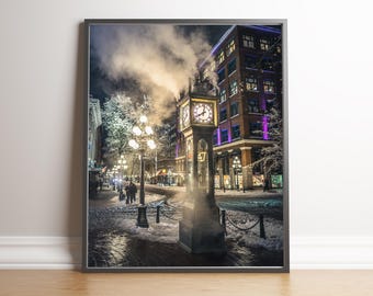 Gastown Steam Clock Print, Vancouver Wall Art, Winter Night Photography, Living Room Decor, Housewarming Gift, Digital Download