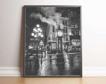 Vancouver Poster, Gastown Printable Art, Steam Clock, Cityscape Digital Print, Canada Wall Decor, Travel Photo, Black And White Wall Art