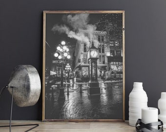 Gastown Print, Vancouver Black White Photography, Steam Clock Wall Art, Water Street Vancouver, Night Photography Print, Vancouver Poster