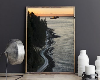 Wall Art Print, Stanley Park Poster, Vancouver Print, British Columbia, Canada, Wall Decor, Sunset, Ocean, Landscape, Mountains, Forest, Art