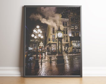 Arte mural de Vancouver, póster de Gastown, arte del centro, impresión digital de paisaje urbano, decoración de pared de Canadá, foto de viaje, farolas nocturnas, casco antiguo