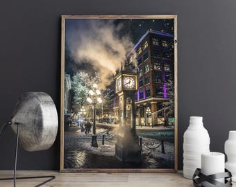 Gastown Steam Clock Print, Vancouver Wall Art, Winter Night Photography, Vancouver Christmas, Canada City Poster, Photography Print