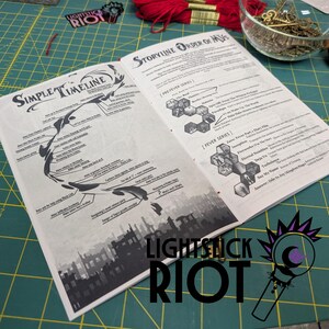 Puede incluir: Libro abierto con ilustraciones y texto en blanco y negro. La p&aacute;gina izquierda presenta un diagrama de l&iacute;nea de tiempo, mientras que la p&aacute;gina derecha muestra un orden de historia. El texto "LIGHTSTICK RIOT" est&aacute; en la parte inferior de la p&aacute;gina.