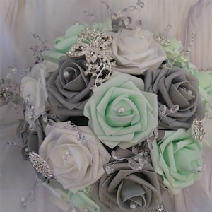 BROOCH BRIDAL BOUQUET, mint, gray and white bouquet, custom bouquet and wedding arrangements, wedding decor, wedding items