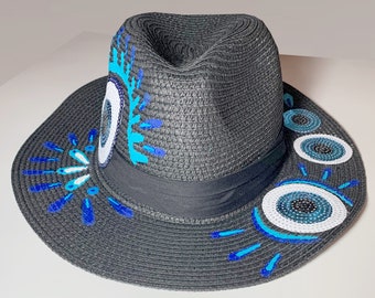 Quilling Art,Good Lucky Evening, Hand Painted Straw Hat. Sun Hat, Boho, chic, Summer, Beach Hat- Summer Hat.