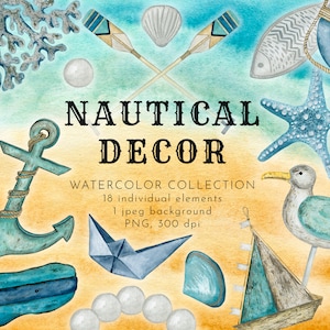 Watercolor Clipart, Nautical decor, Marine vintage elements, Instant Download, Lighthouse, seashell, Anchor, Seagull, Starfish, PNG, 300 dpi