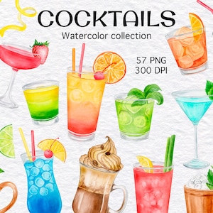 Collection de cocktails, clipart aquarelle, menu de bar, été, impressions d'alcool, carte de cocktails, téléchargement immédiat, usage commercial, PNG, 300 ppp