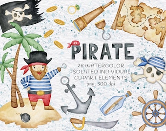 Children Pirate Clipart,  Watercolor Cute Pirate Collection, Pirate Party, Baby Boy Illustration, Instant Download, PNG, 300 DPI,