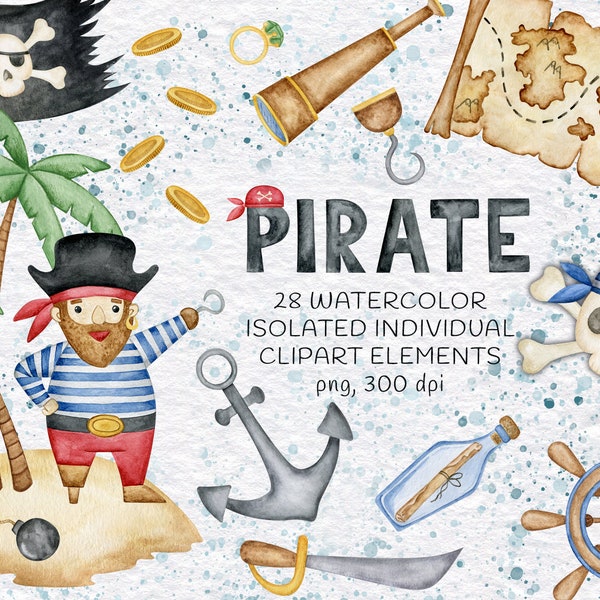 Clipart pirata per bambini, collezione di pirati carini dell'acquerello, festa dei pirati, illustrazione del neonato, download istantaneo, PNG, 300 DPI,