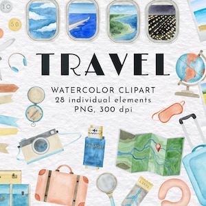 Clipart de viagem em aquarela, férias, viagem, bagagem vintage, design de viagem, jornada de verão, download instantâneo, PNG, 300 dpi