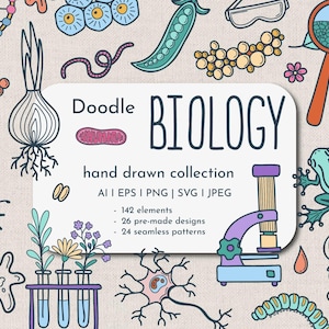 Może przedstawiać: Kolorowa ilustracja doodle o tematyce biologicznej. Obraz zawiera różne ręcznie rysowane elementy, w tym nić DNA, mikroskop, komórki oraz tekst "Doodle BIOLOGY hand drawn collection".
