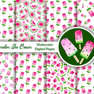 Watermelon dessert, Ice Cream Digital Paper, Watercolor Seamless Pattern, Scrapbook, Instant Download, Background, 12x12&#39;&#39;, JPEG , 300 DPI
