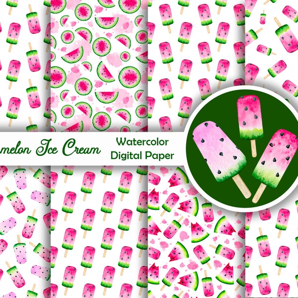 Watermelon dessert, Ice Cream Digital Paper, Watercolor Seamless Pattern, Scrapbook, Instant Download, Background, 12x12'', JPEG , 300 DPI