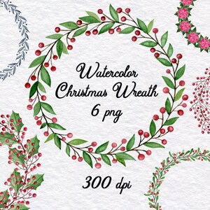 Zestaw clipartów akwarelowych świątecznych wieńców. Holly Berry, Poinsettia, Wild Berries Wreath. Natychmiastowe pobranie. Użytek komercyjny, 6 PNG, 300 dpi