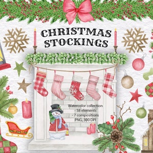 Bas de Noël, clipart aquarelle, illustration hivernale, décoration de cheminée de Noël. Téléchargement instantané. PNG, 300 ppp